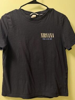 NIRVANA Black Tee with White and Blue Text
